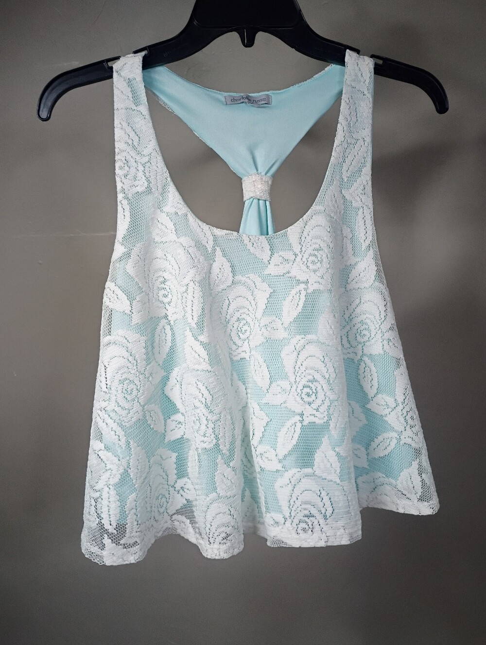 Charlotte Russe White Lace Overlay Tank with Light Aqua Underlay